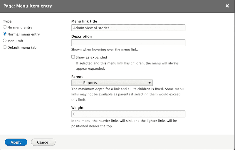 Drupal admin page menu option